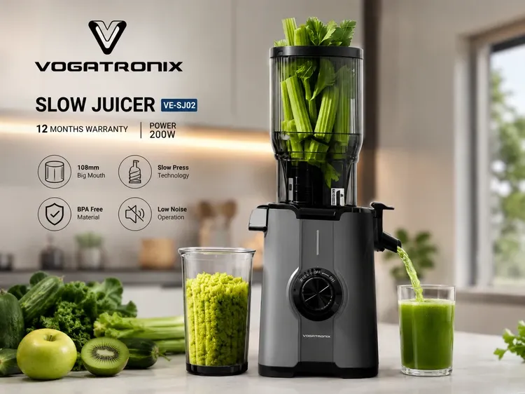 آبمیوه‌گیری و عصاره گیرووگاترونیکس مدل VE-SJ02 | موتور 200 وات | دهانه ورودی 108 میلی‌متری
